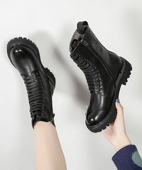 Boho Black Chunky Cowhide Leather Casual Cross Strap Boots