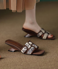 Fashion Brown Splicing Wedge Slide Sandals Peep Toe