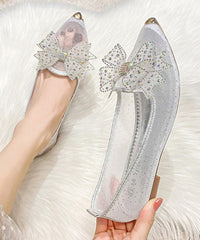 New Gold Breathable Bow Zircon Tulle Pointed Flat Shoes