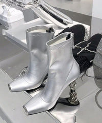 New Versatile Silver Zipper Metal Heterotypic High Heel Boots
