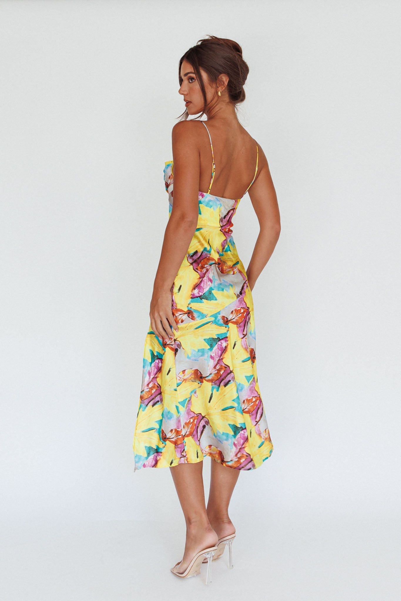 Well Versed Pleated Bust Front Split Dress Leaf Print Yellow