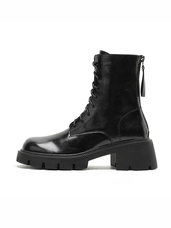 Lace-Up Round-Toe Solid Color Zipper Chunky Shoes Height Increasing Boots