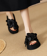 Black Platform Faux Leather Floral Splicing Slide Sandals