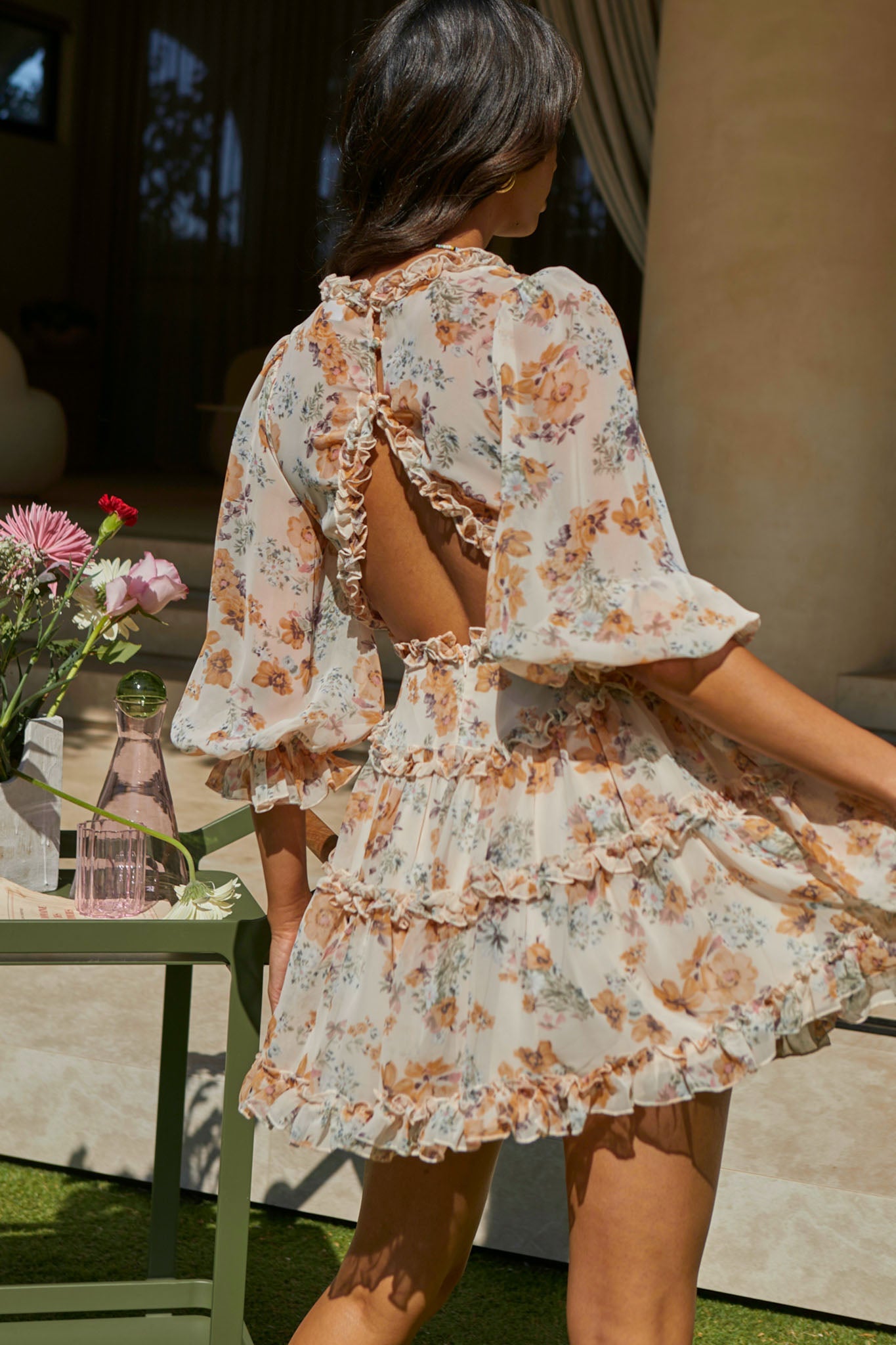 Laney Cutout Back Ruffle Trim Dress Vintage Floral Print Beige