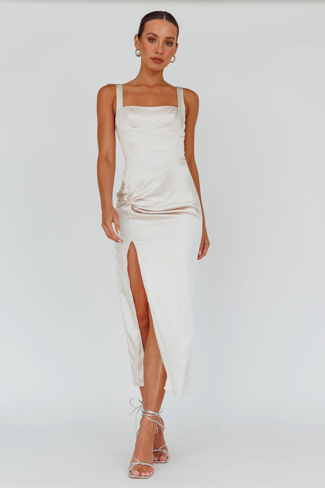 Kristin Knotted Waist Split Midi Dress Champagne