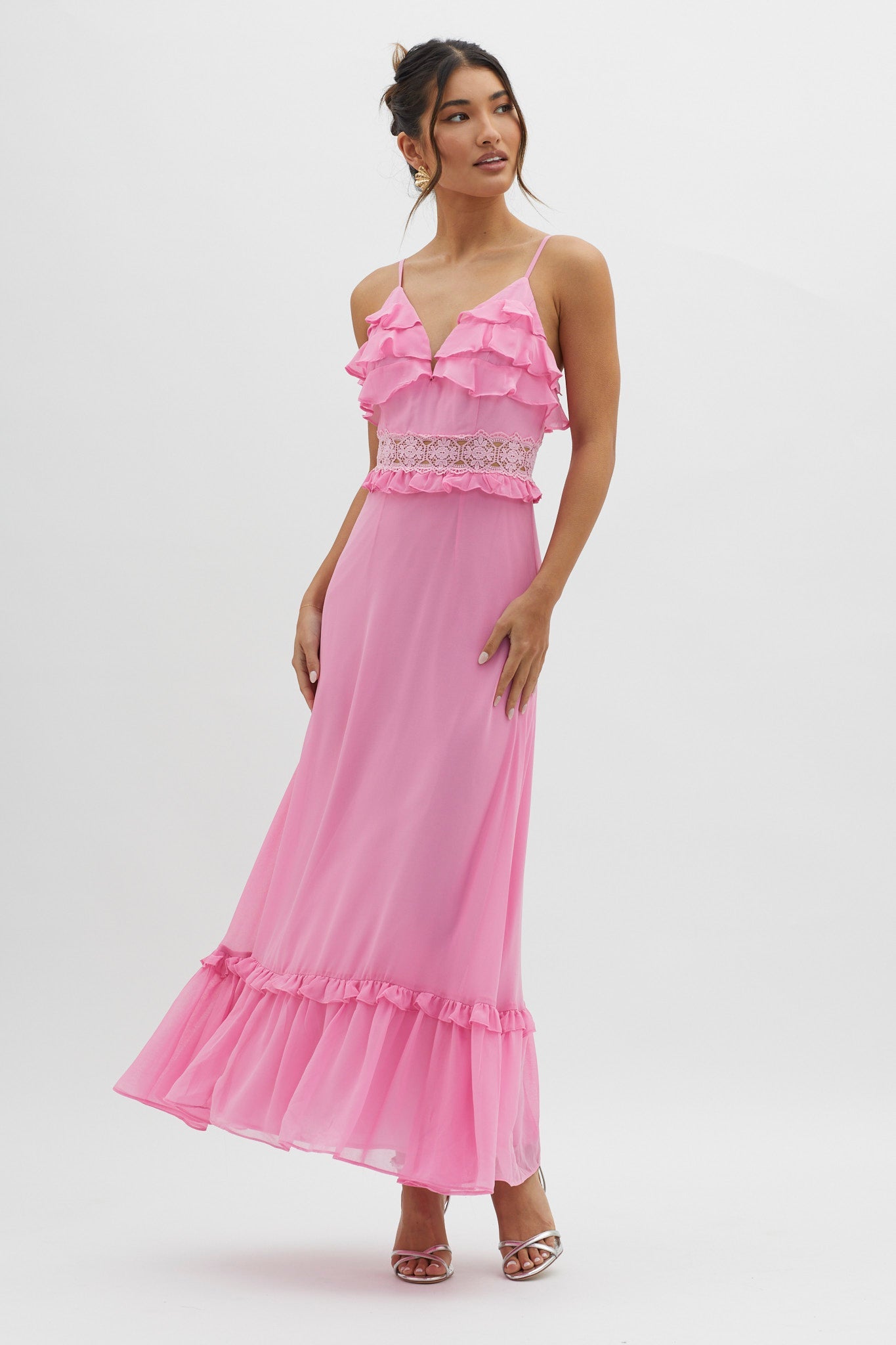 Spirited Ruffle Bust Maxi Dress Pink