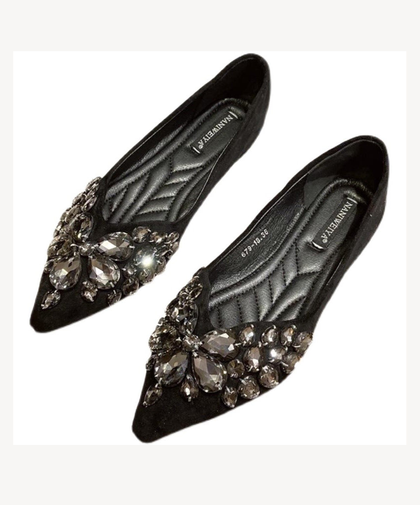 Black Flat Shoes Fashion Splicing Zircon Pointed Toe