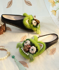 Green Chinese Style Cotton Fabric Slippers Shoes Nail Bead