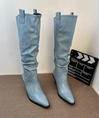 Fashion Splicing Chunky Boots Blue Faux Leather Pointed Toe
