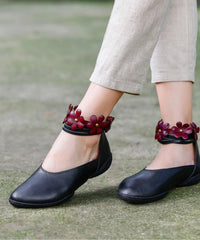 Genuine Leather Black Flat Shoes For Women Buckle Strap Flat Shoes For Women