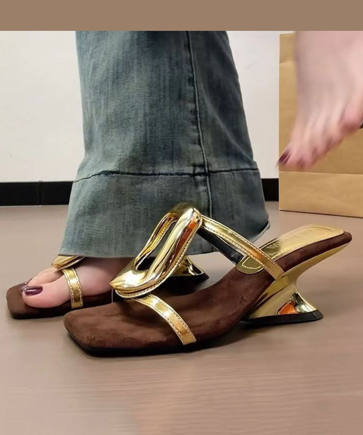 New French Style Gold Wedge Heel Slide Sandals