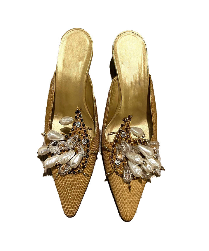 Golden Slide Sandals New French Pointed Toe Bead Decorated