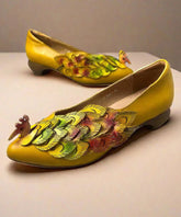 New Retro Ethnic Style Yellow Pointed Toe Cowhide Leather Shoes