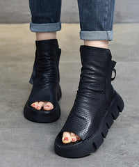 Black Boots Platform Cowhide Leather Peep Toe New