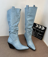 Fashion Splicing Chunky Boots Blue Faux Leather Pointed Toe