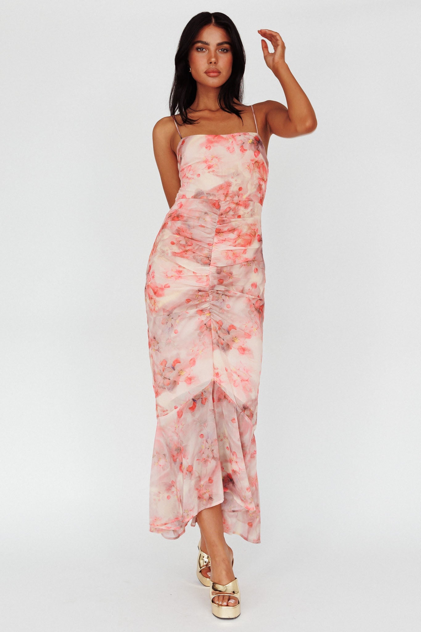 Sayna Ruched Front Midi Dress Floral Pink