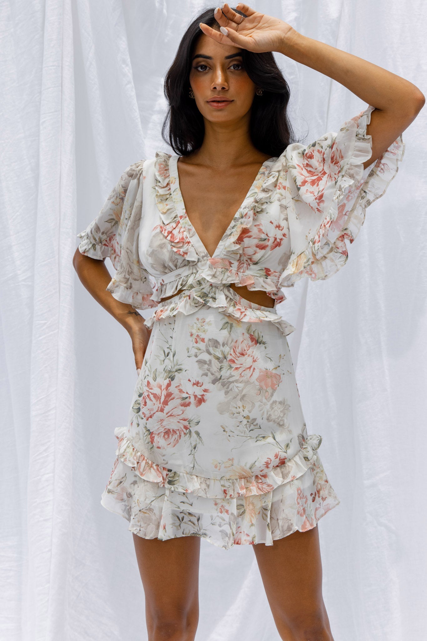 My Belle Cut-Out Detail Frill Accent Dress Vintage Floral Print White
