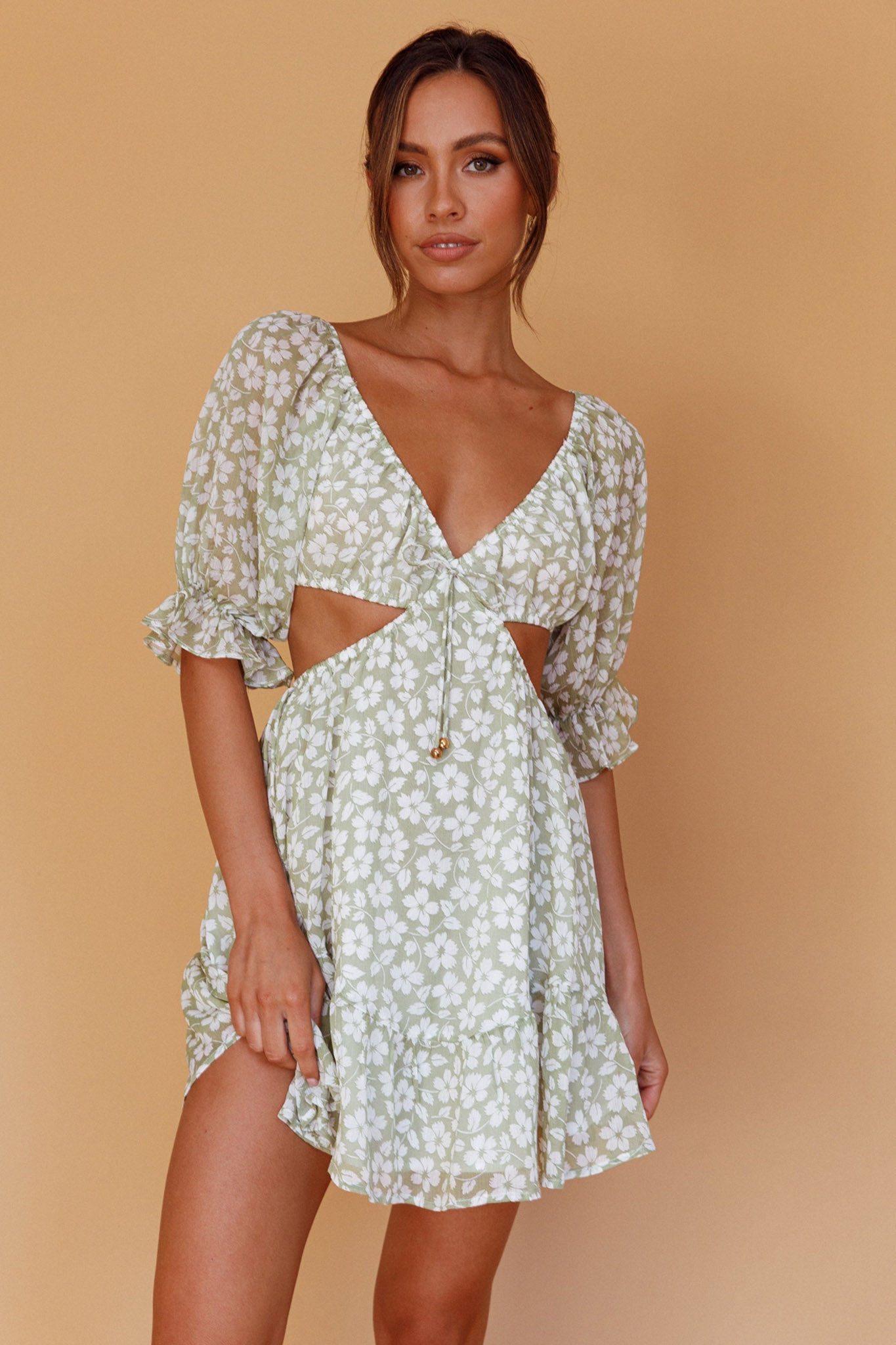 Fancy Free Puff Sleeve Cut-Out Dress Floral Green