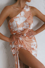 Casa Del Mar One-Shoulder Ruched Midi Dress Floral Blush