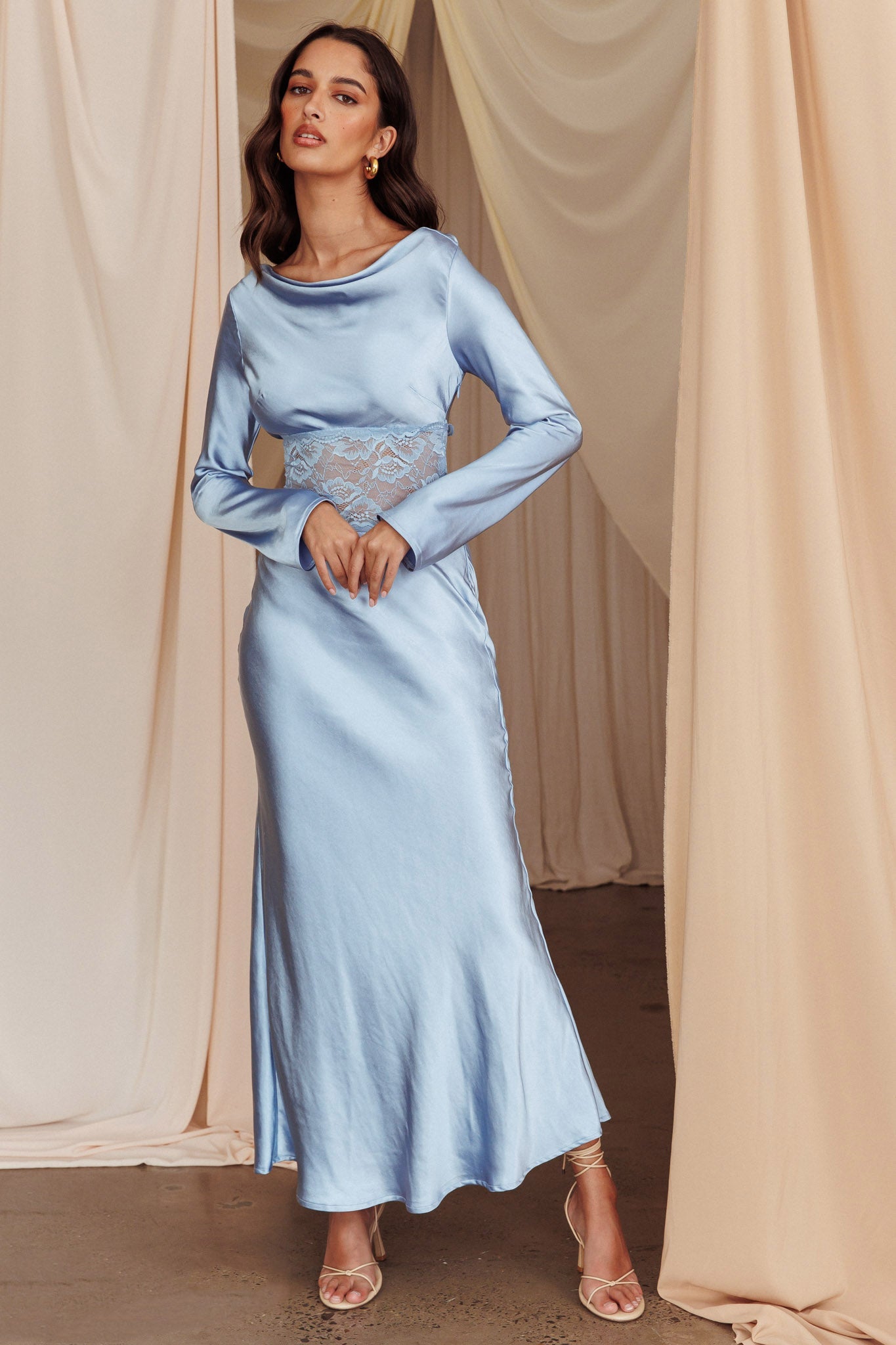 Loveland Lace Insert Cowl Back Dress Blue