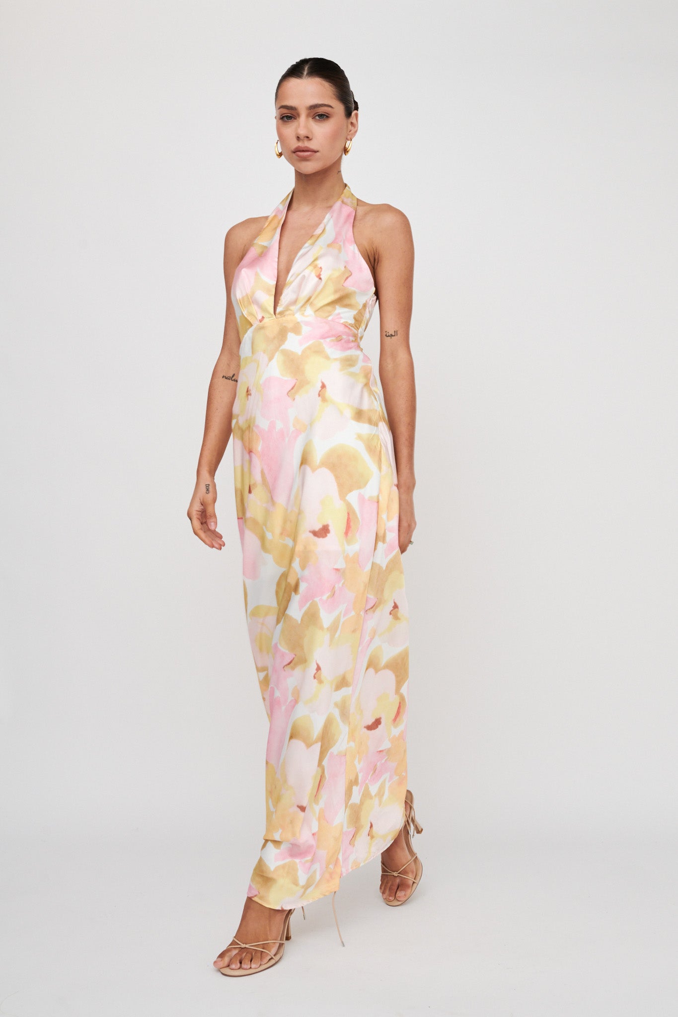 Of Your Dreams Plunging Halter Dress Floral Pink