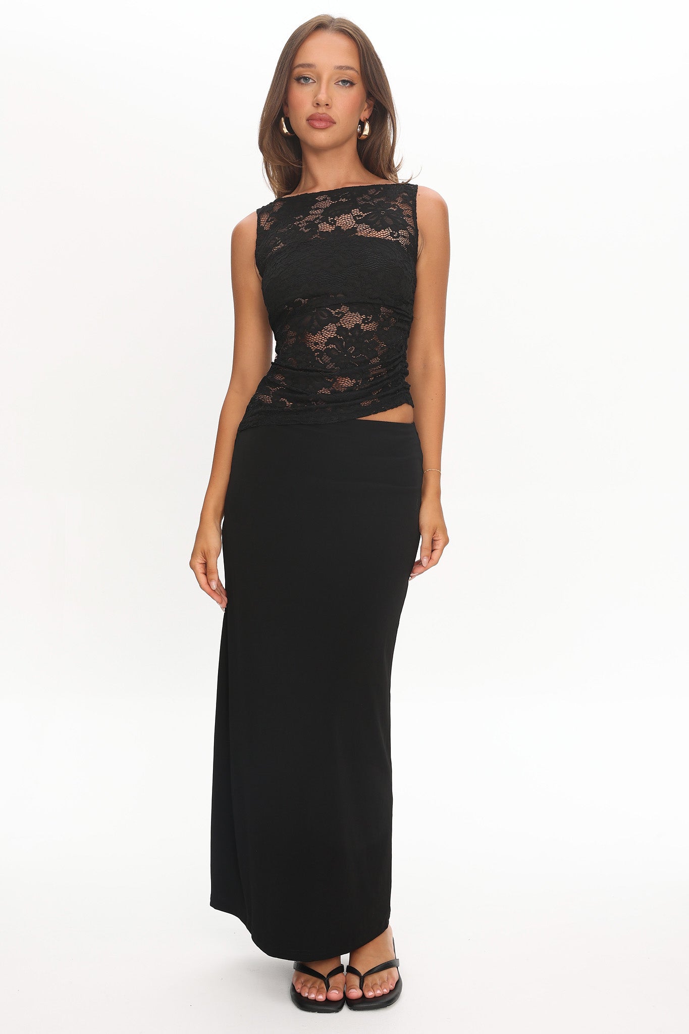Lorely Ruched Lace Bodice Maxi Dress Black