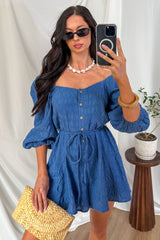 Comfortable Cool Velvet Textured Button Down Romper (Retro Blue)