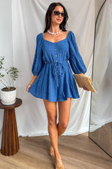 Comfortable Cool Velvet Textured Button Down Romper (Retro Blue)