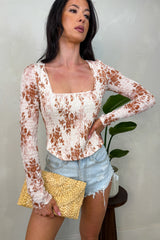 Darling Behavior Floral Long Sleeve Smocked Crop Top (Cream)