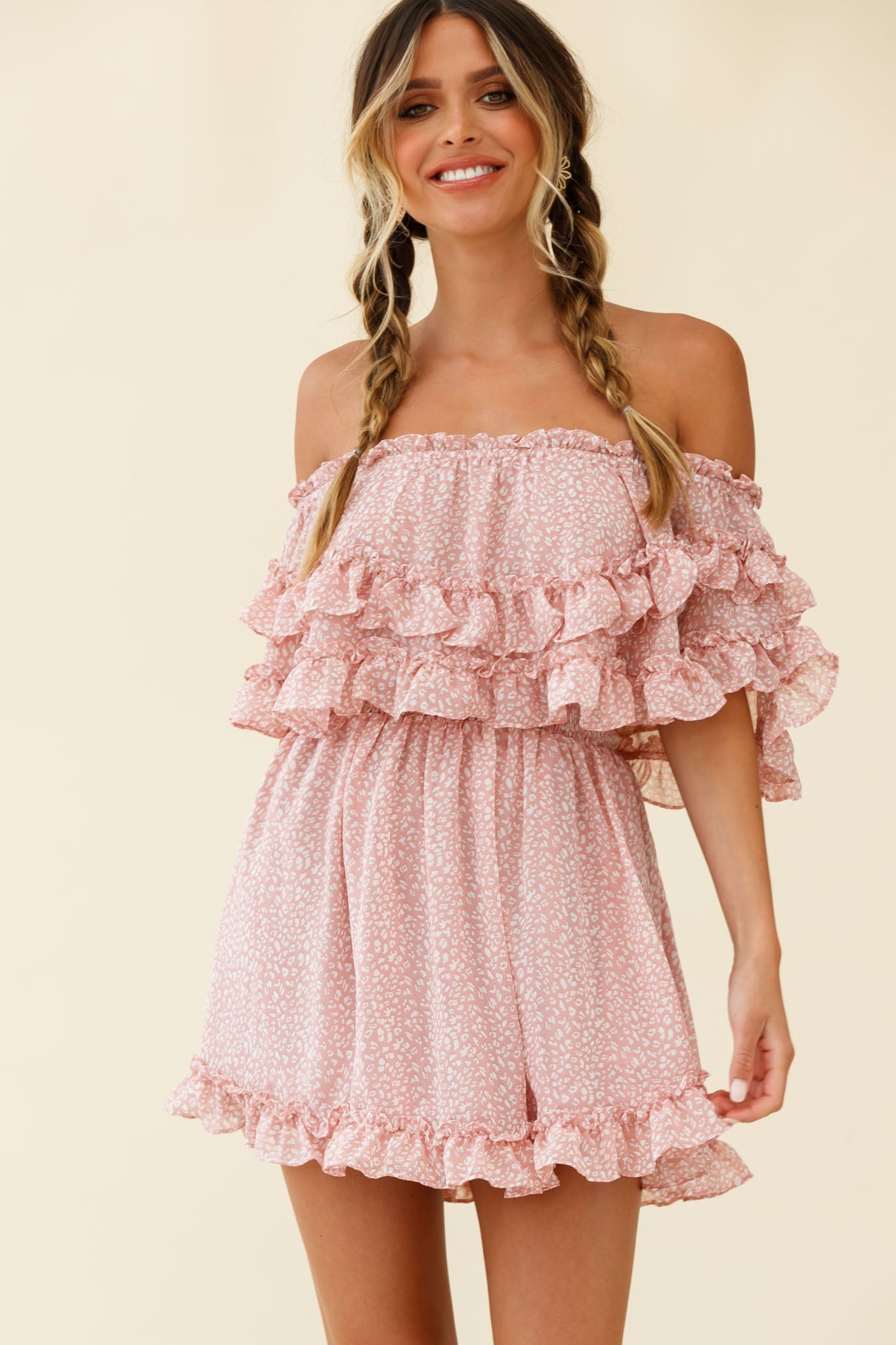 Meet Me At Sunset Bardot Neckline Frill Trim Dress Speckle Print Pink