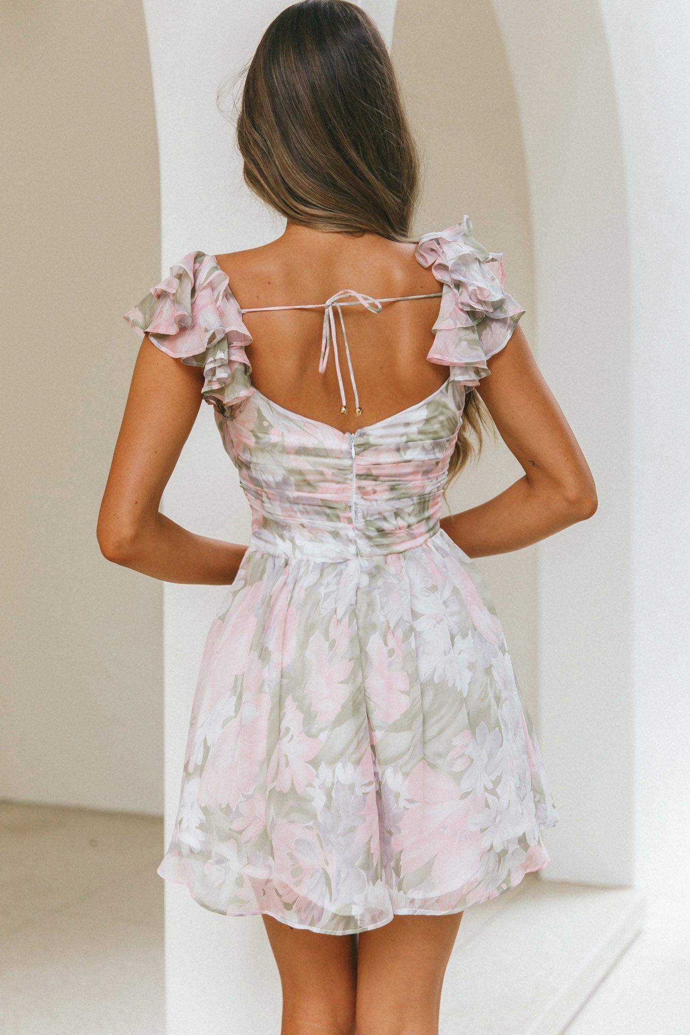Lola Ruffle Shoulder Ruched Dress Watercolor Floral Pink Multi