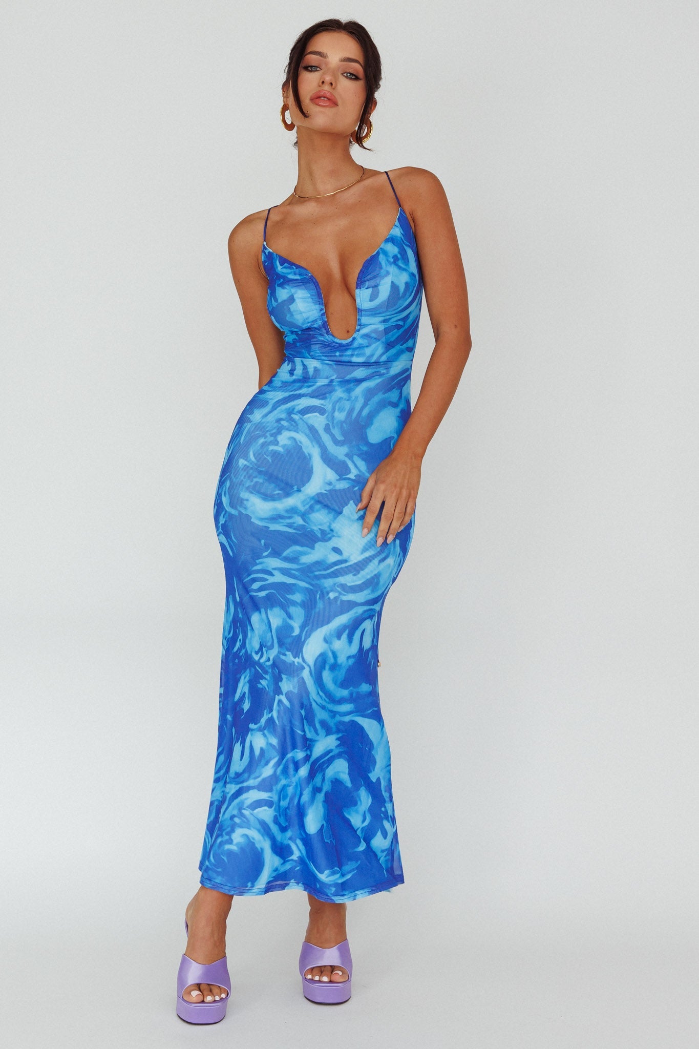 Nouveau U-Neckline Midi Dress Marbled Blue