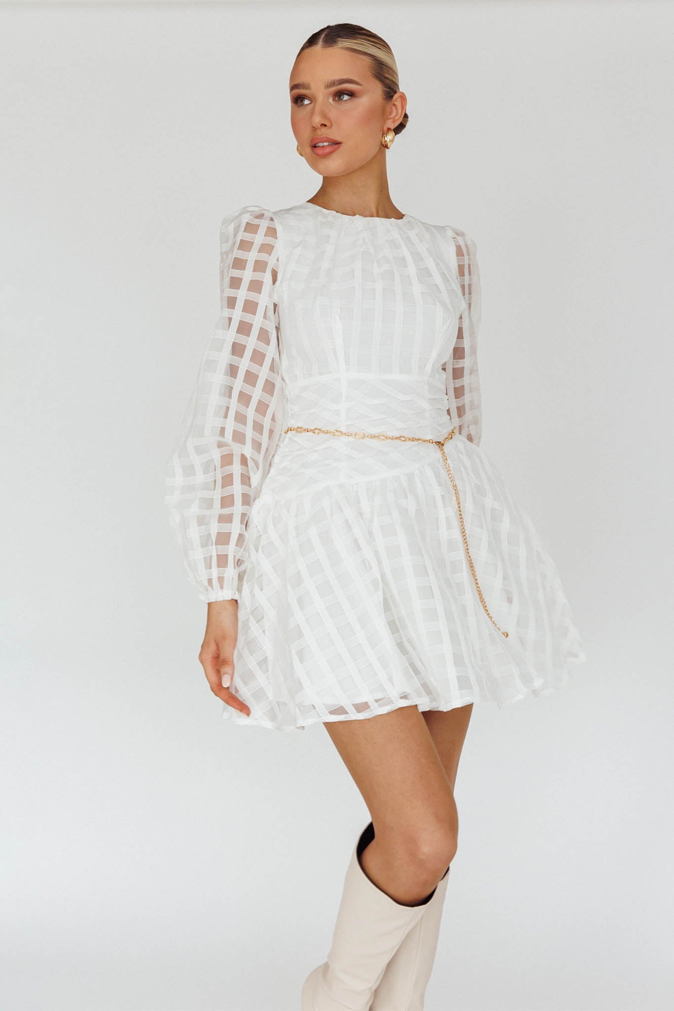 Tatiana Long Sleeve Plaid Mini Dress White