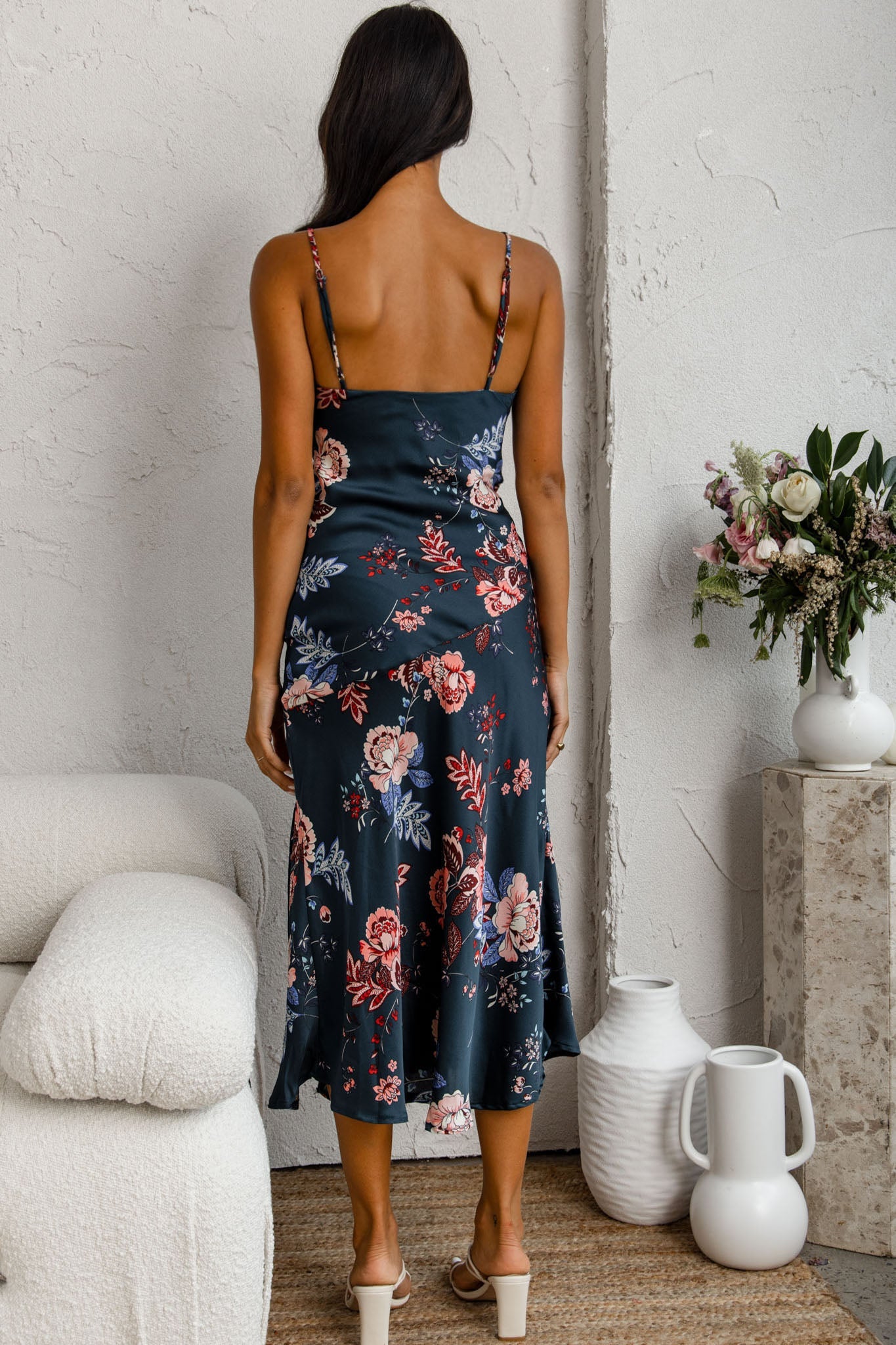 Downtown Cami Strap Front Split Midi Dress Oriental Flower Print Forest Green