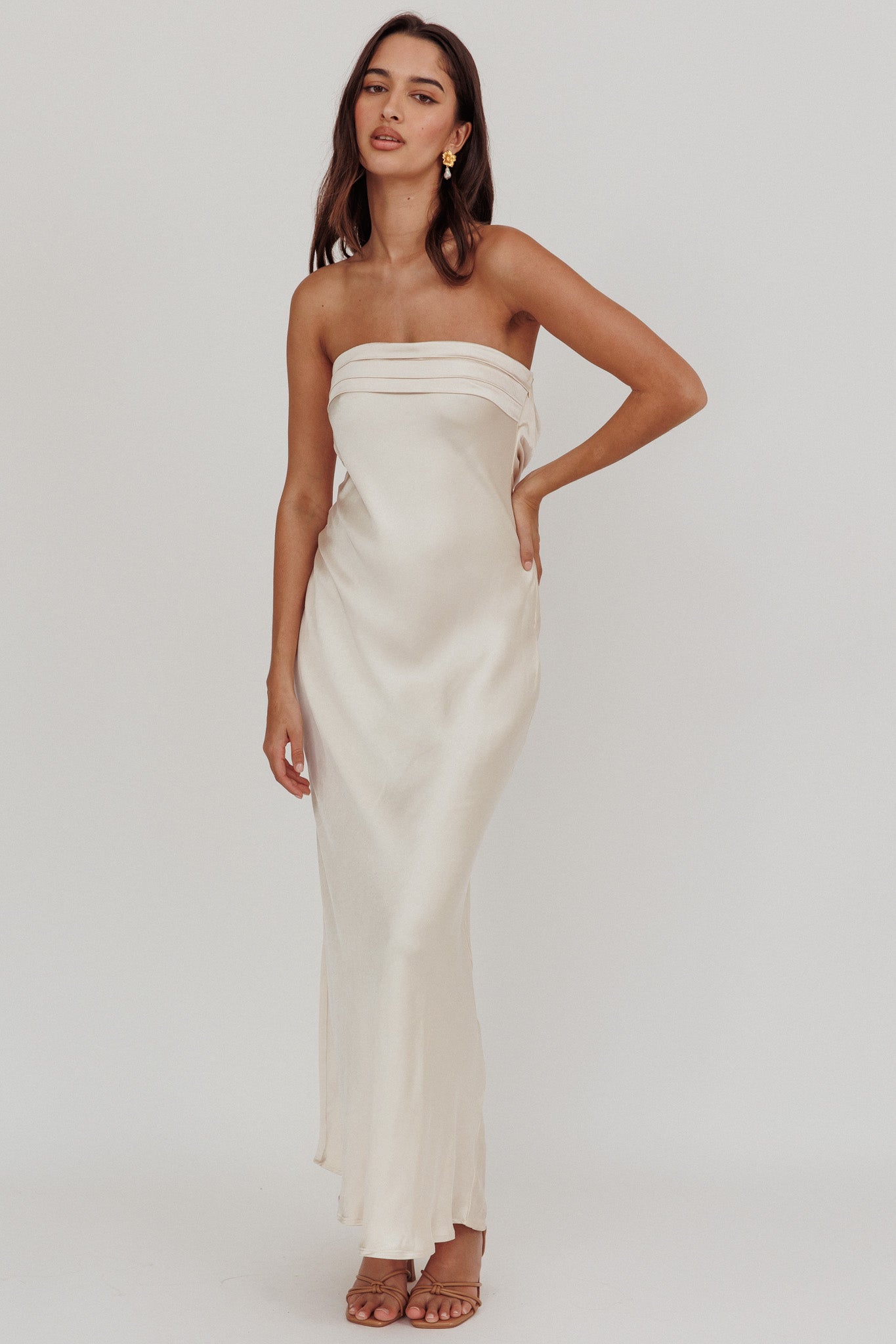 Kona Strapless Pleated Bust Satin Maxi Dress Champagne