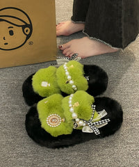 New Khaki Nail Bead Bow Platform Teddy Slide Sandals