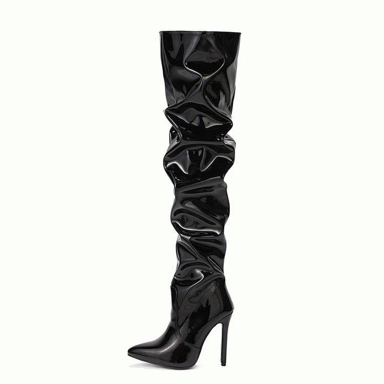 High Quality Pleated Patent Leather Motorcycle Over The Knee Boots