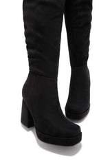 Hudson Platform Block Heel Boots - Black Suede