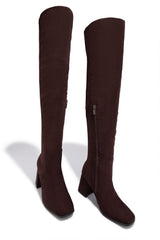 Mandy Block Heel Over The Knee Boots - Brown Suede