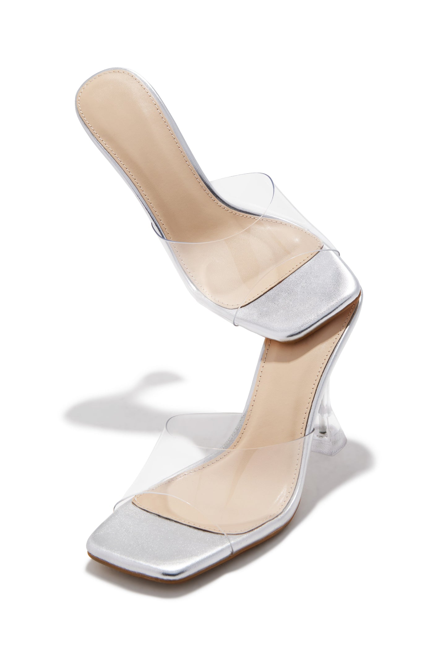 Demie Clear Strap Mule Heels - Silver