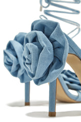 Divine Bloom Rosette Lace Up Heels - Denim
