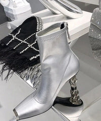 New Versatile Silver Zipper Metal Heterotypic High Heel Boots