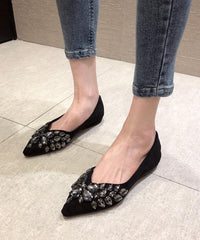 Black Flat Shoes Fashion Splicing Zircon Pointed Toe