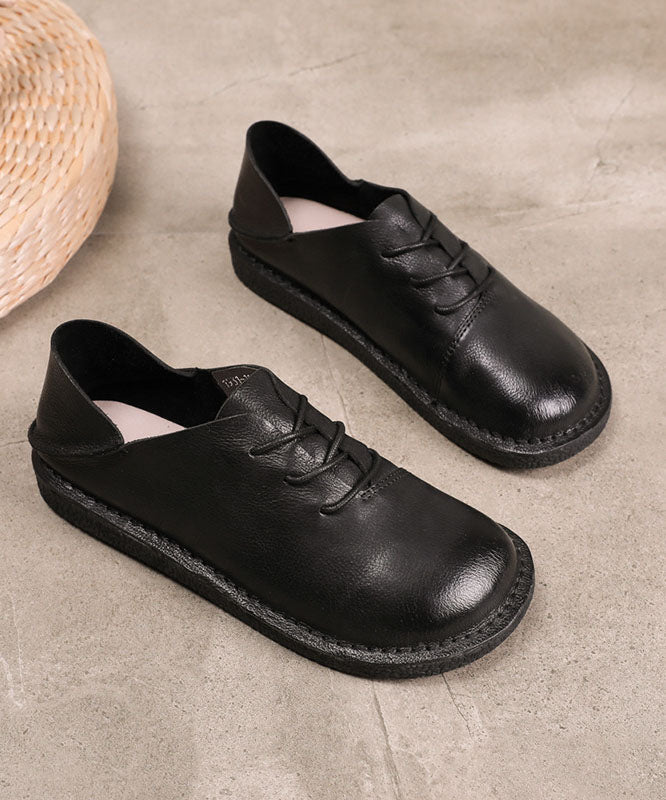 Coffee Cowhide Leather Flats Lace Up Flats