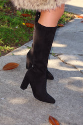 Fine Time Block Heel Knee High Boots - Black Suede