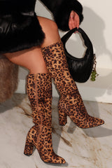 Fine Time Block Heel Knee High Boots - Leopard