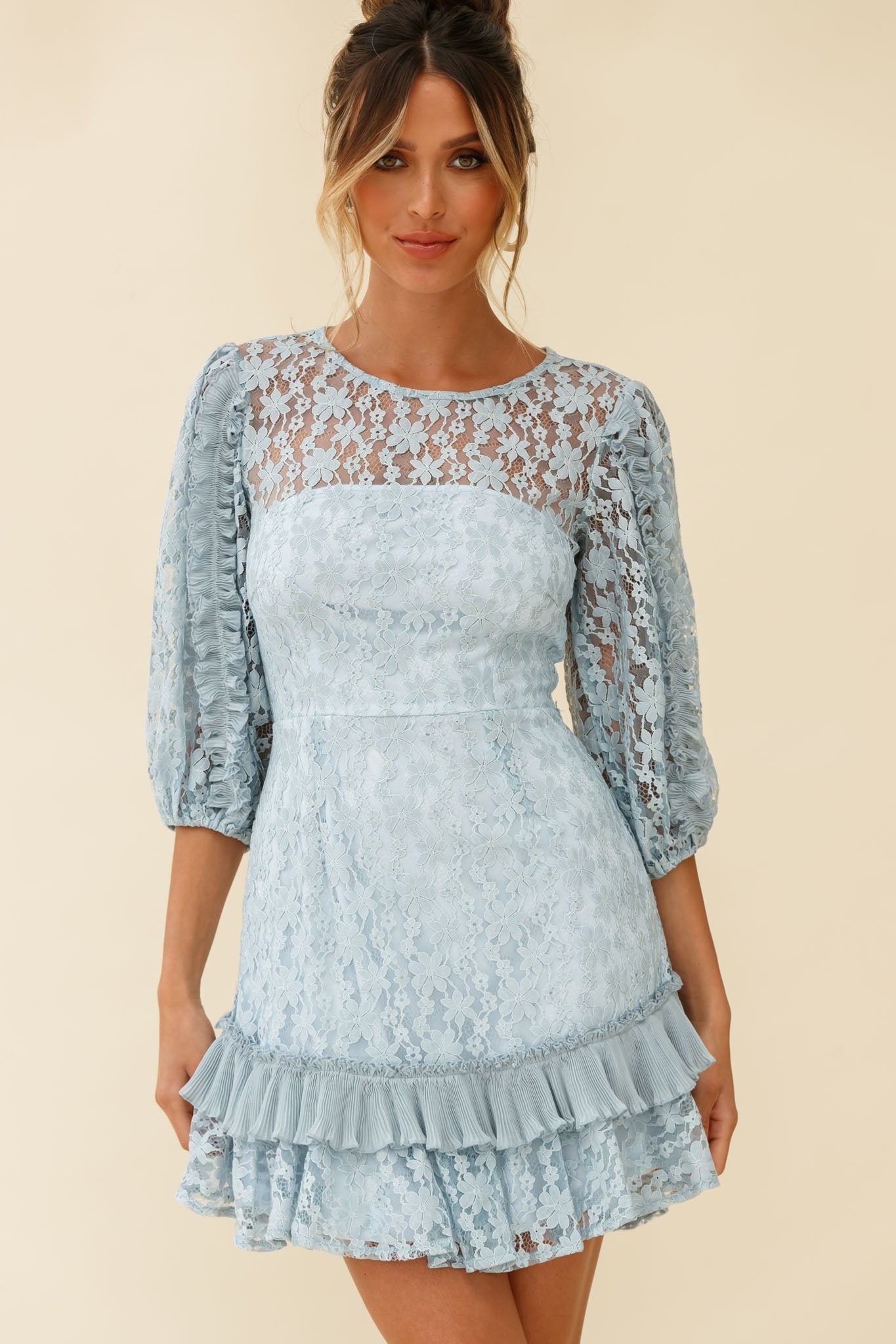 Home Again Three-Quarter Sleeve Lace Dress Blue