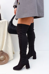 Mandy Block Heel Over The Knee Boots - Black Suede