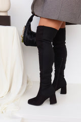 Mandy Block Heel Over The Knee Boots - Black Suede