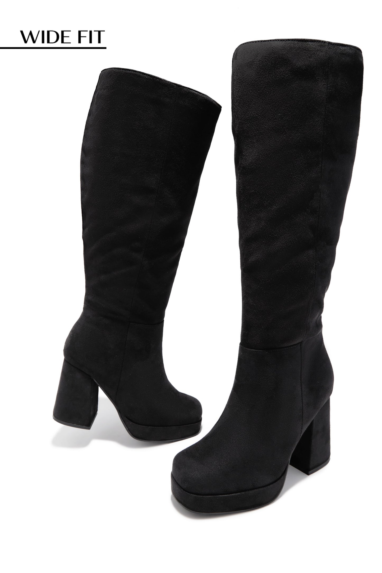Hudson Wide Fit Platform Block Heel Boots - Black Suede